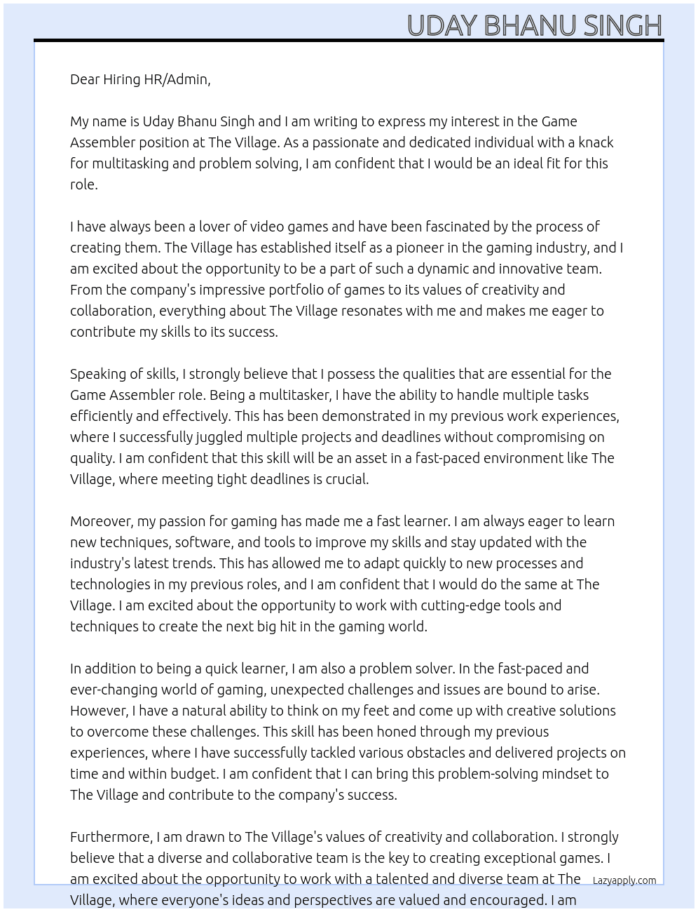 Game Assembler At The Village Cover Letter