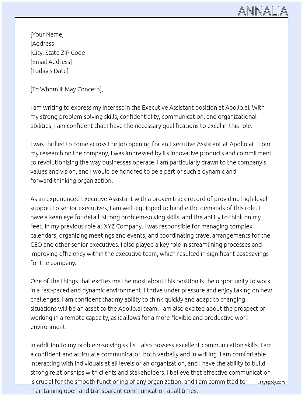Executive Assistant At Apollo.ai Cover Letter