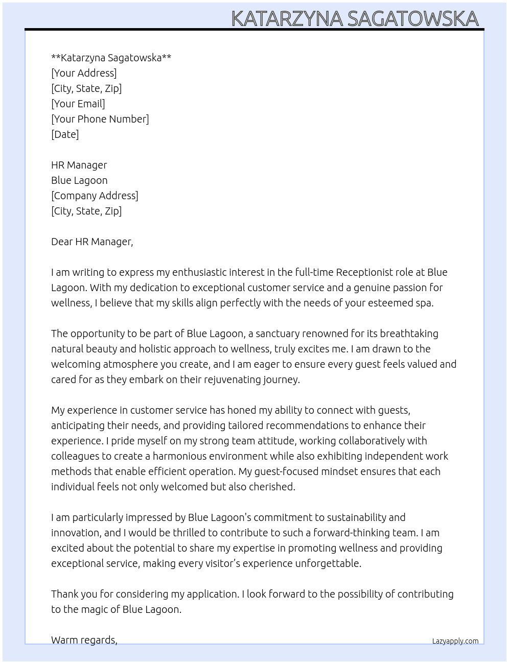 Reception spa At Blue lagoon  Cover Letter