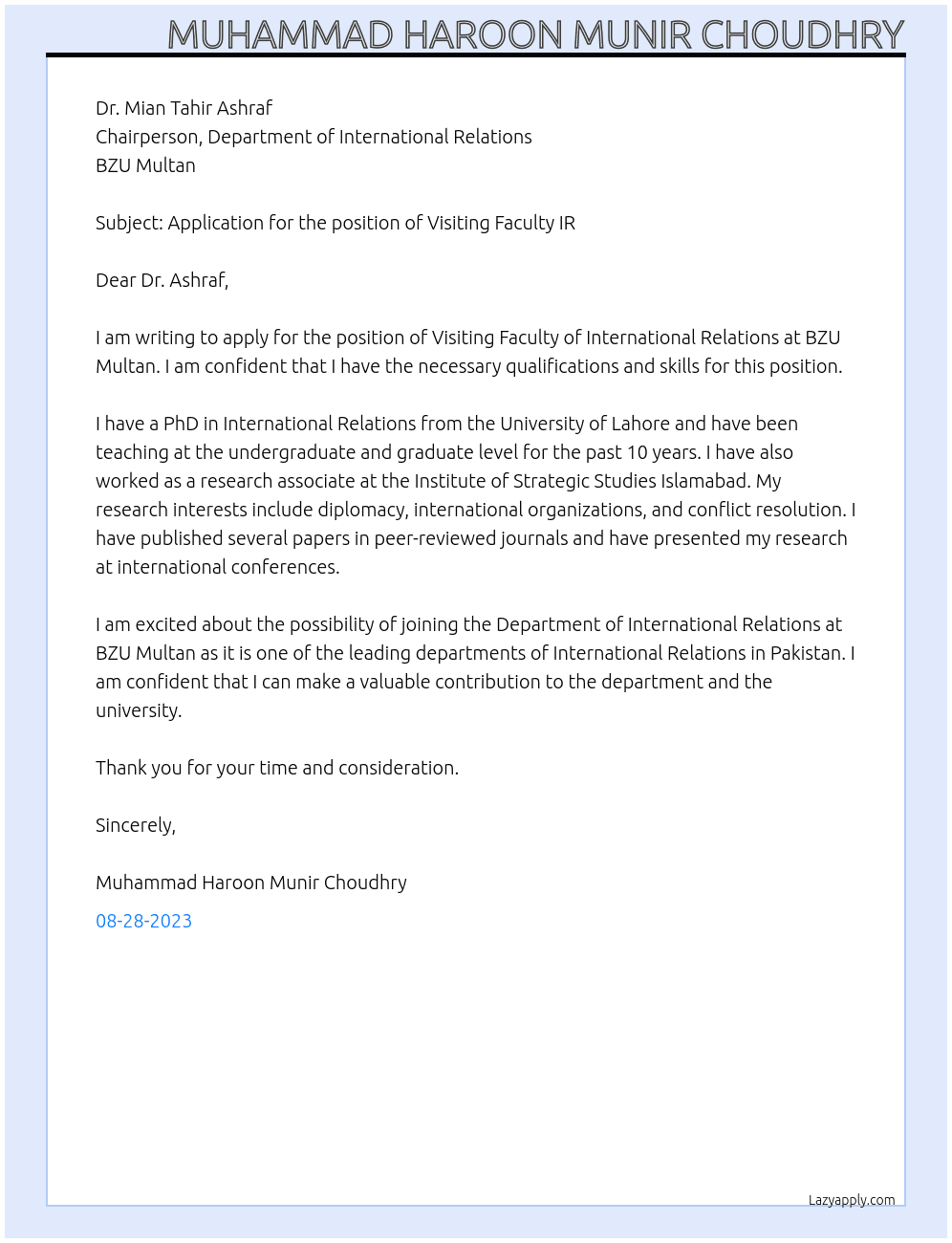 Visiting Faculty IR At Department of International Relations, BZU, Multan Cover Letter