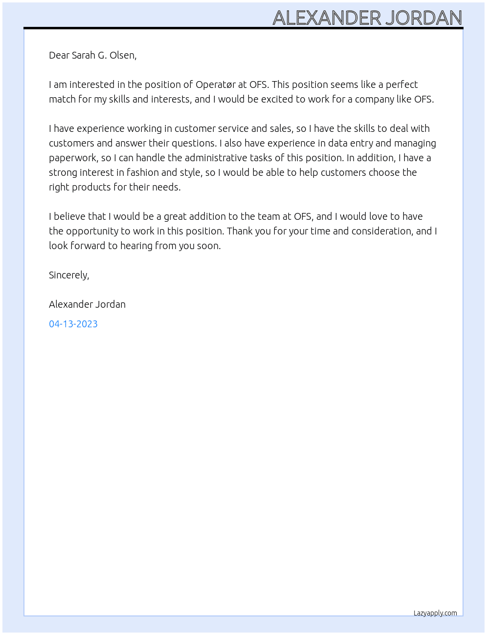 Operatør At OFS Cover Letter