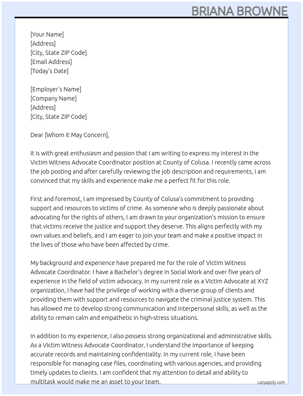 Victim witness advocate coordinator  At County of Colusa Cover Letter