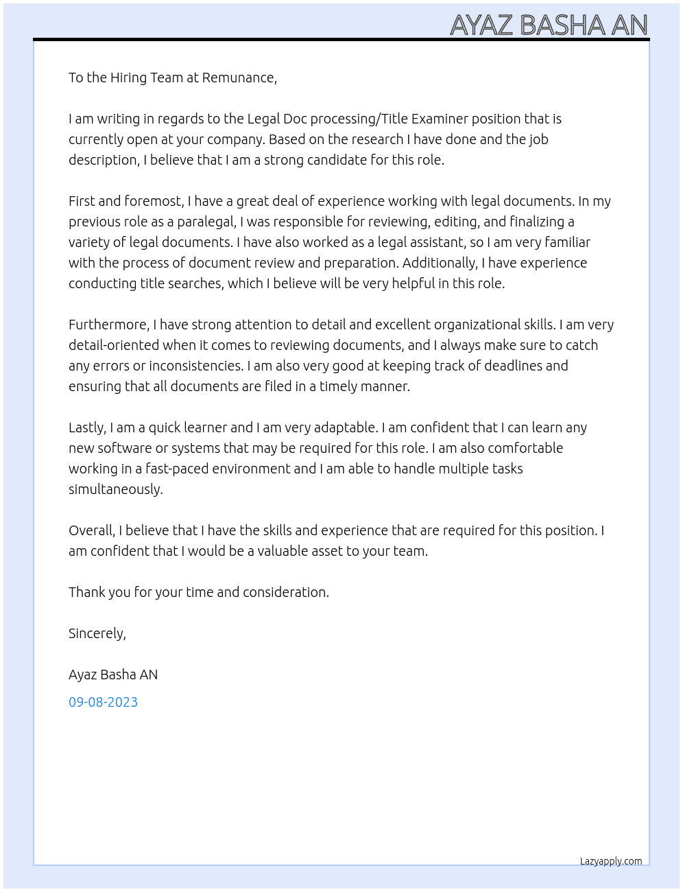 Legal Doc processing/Title Examiner At Remunance Cover Letter
