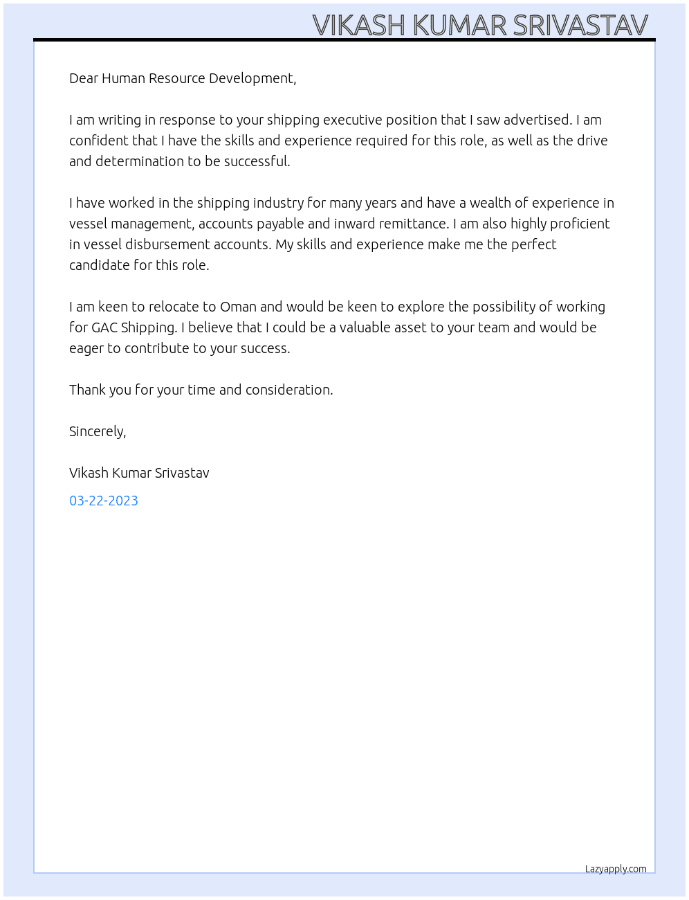 Shipping Exicutive At GAC Shipping Cover Letter