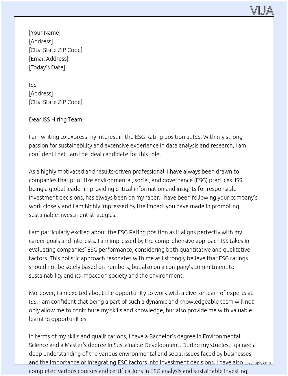 ESG rating  At ISS Cover Letter