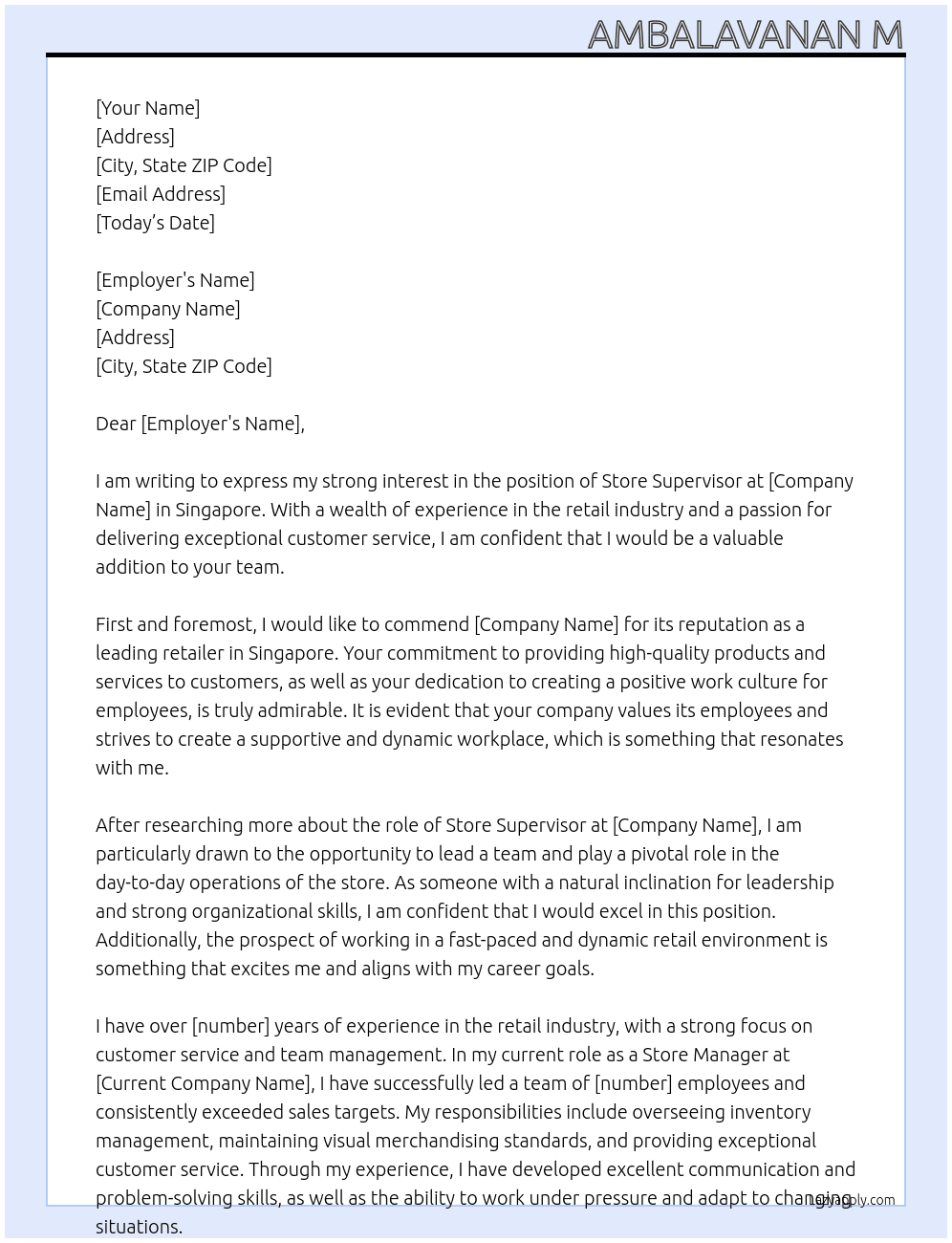 Store supervisor  At Singapore  Cover Letter