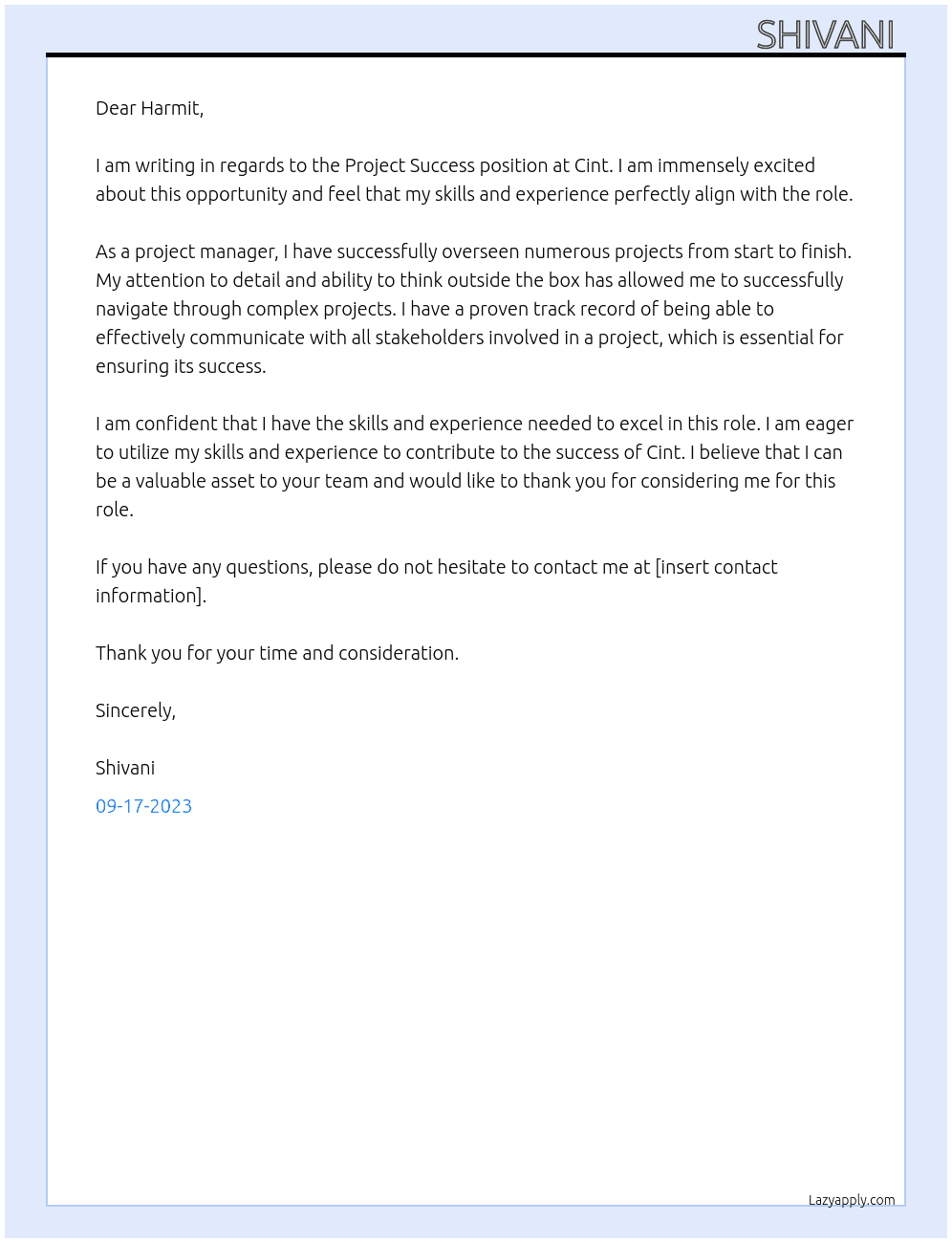 Project Success  At Cint Cover Letter