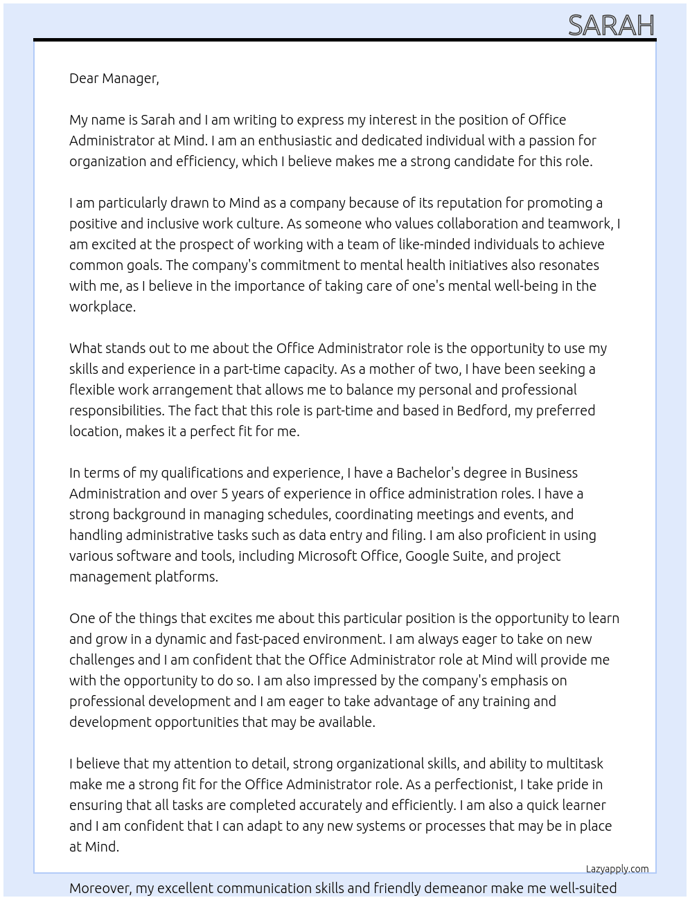 Office administrator  At Mind Cover Letter