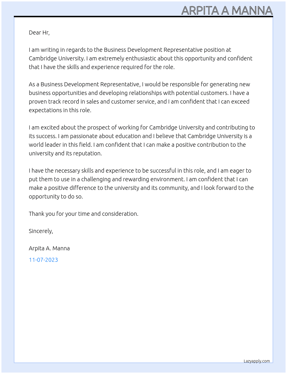 Business Development Representative At Cambridge University Cover Letter