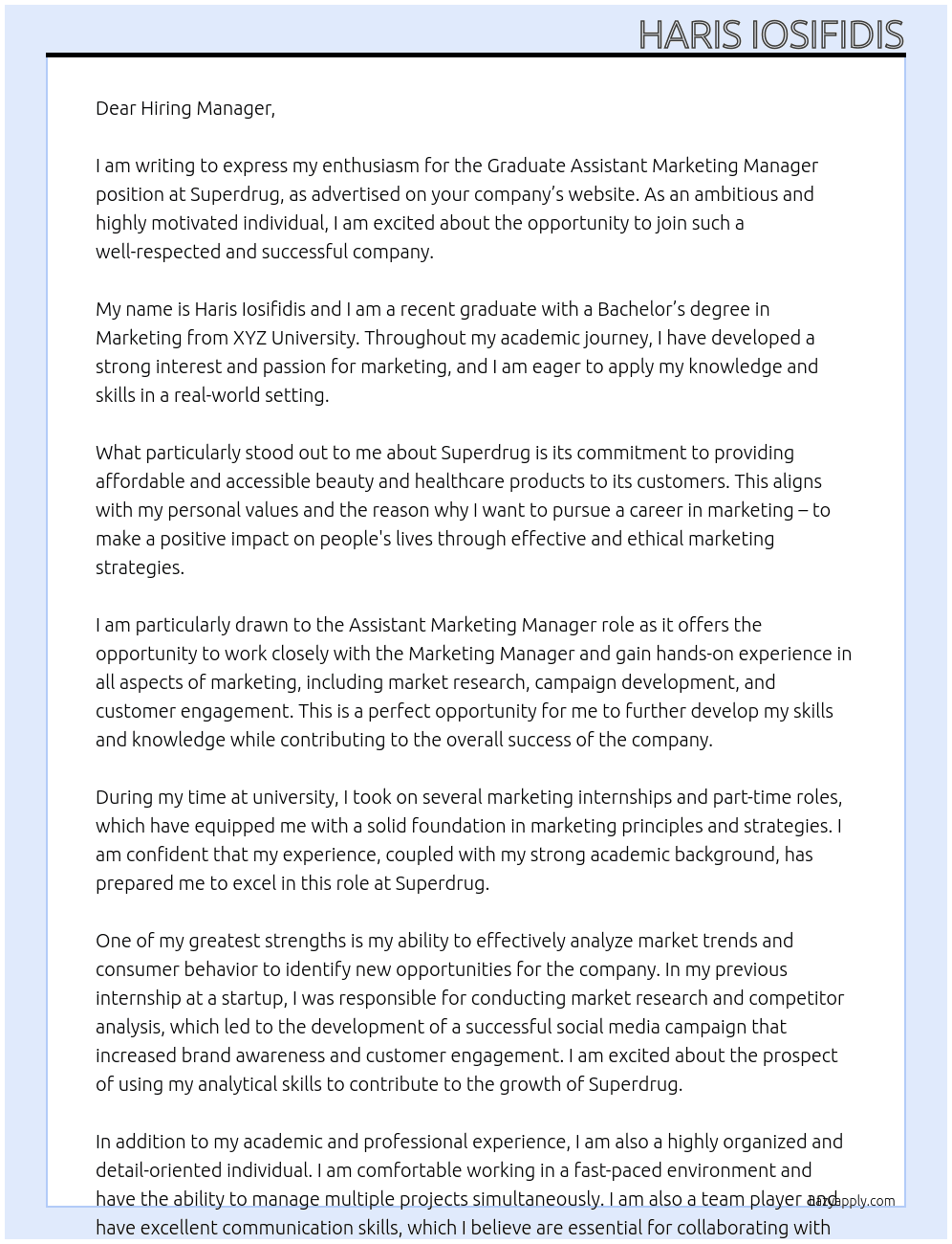 Graduate Assistant Marketing Manager At Superdrug Cover Letter