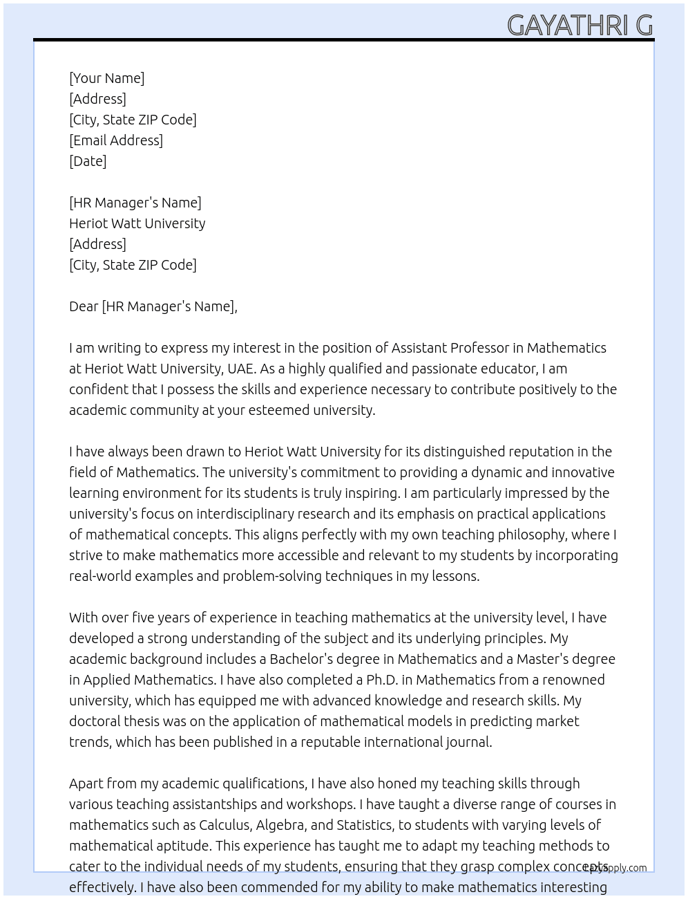 Assistant professor in Mathematics At Heriot Watt University, UAE Cover Letter