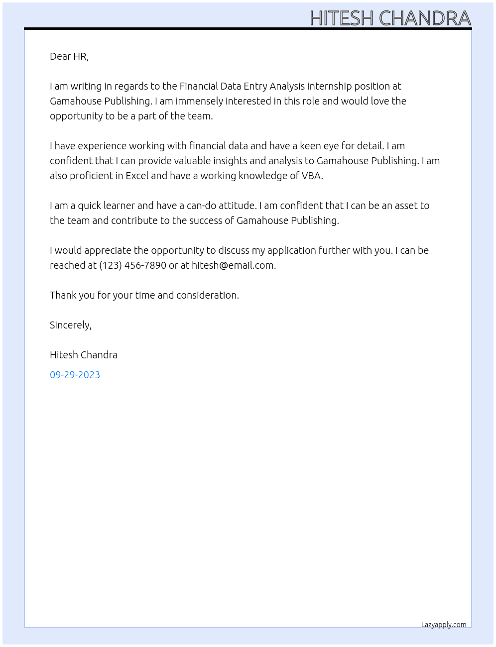 Financial Data Entry Analysis internship At Gamahouse Publishing Cover Letter