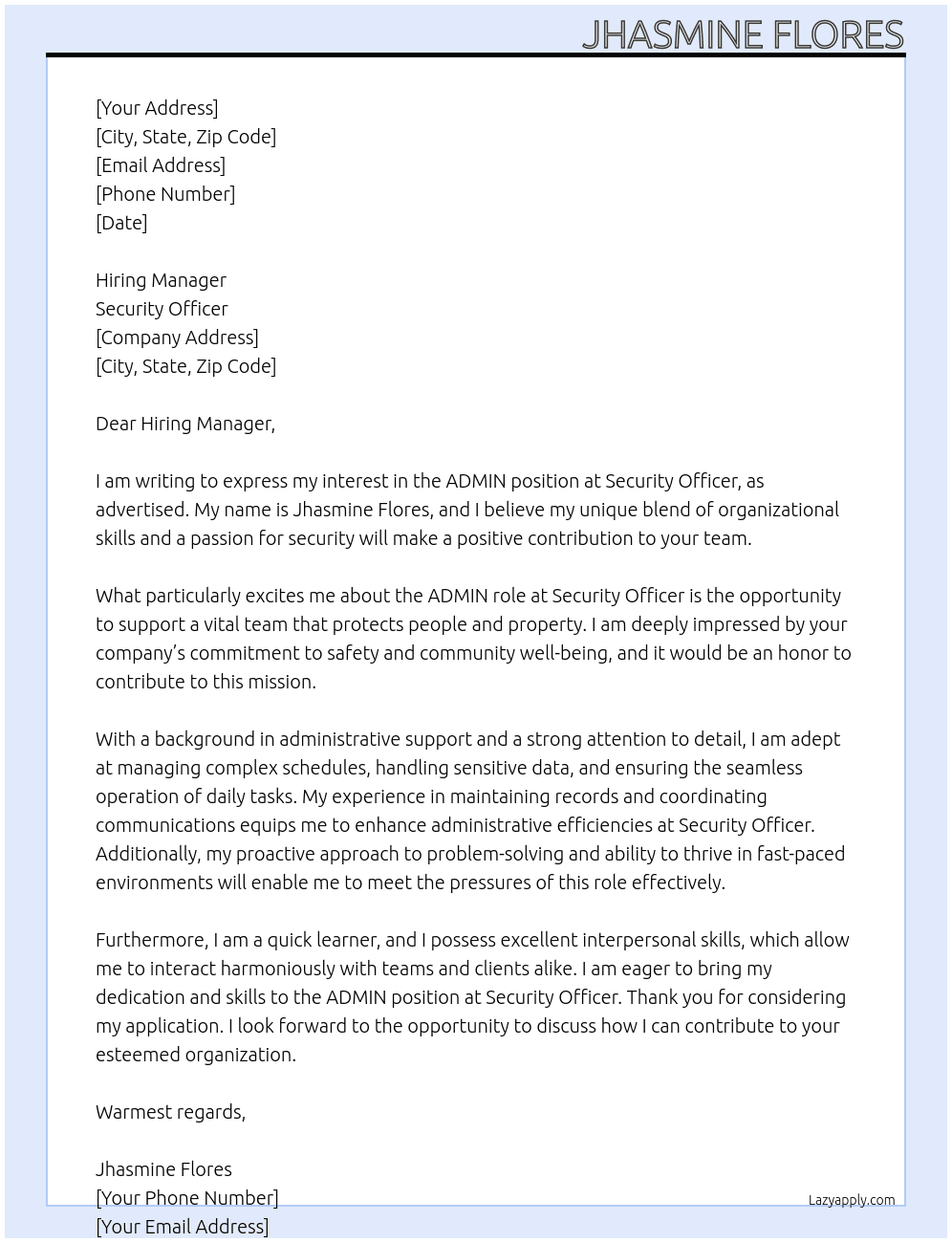 ADMIN At SECURITY OFFICER Cover Letter
