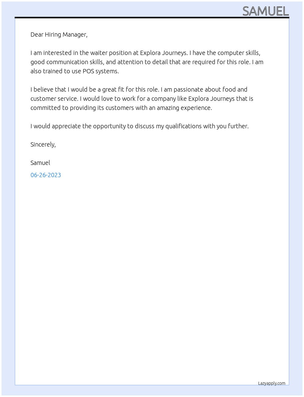 Waiter  At Explora journeys Cover Letter