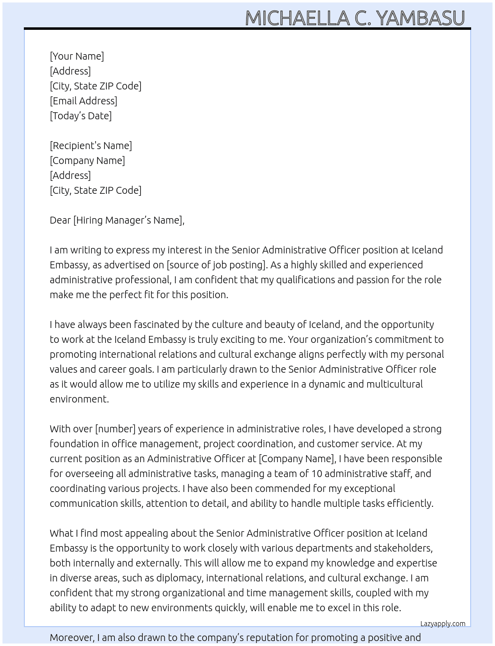 Senior Administrative officer  At Iceland Embassy  Cover Letter