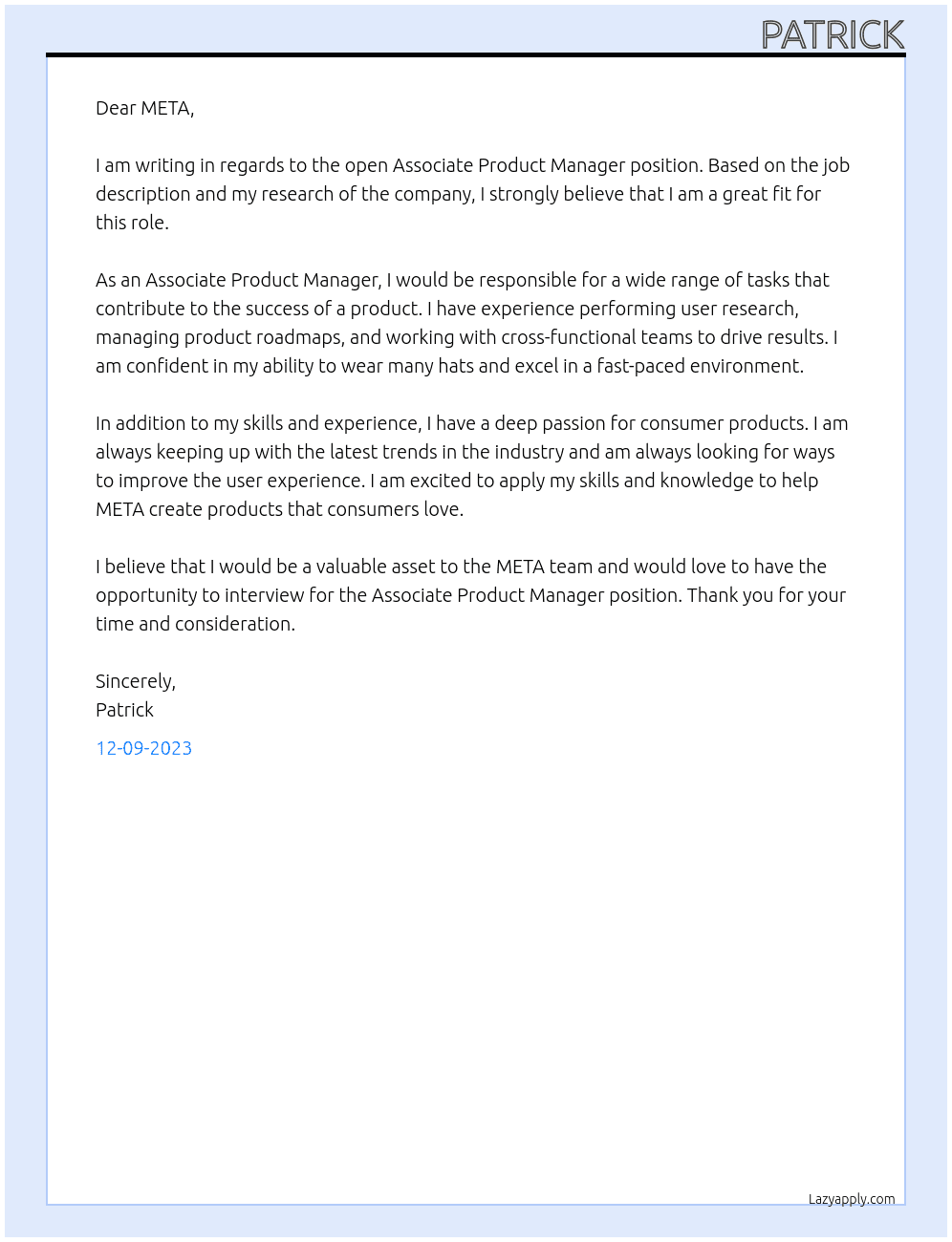Associate product manager At META Cover Letter