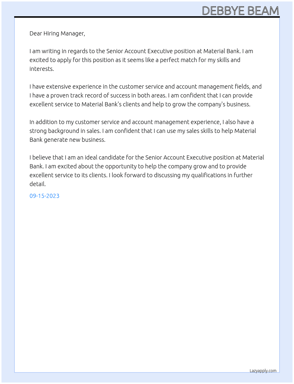 Senior Account Executive At Material Bank Cover Letter