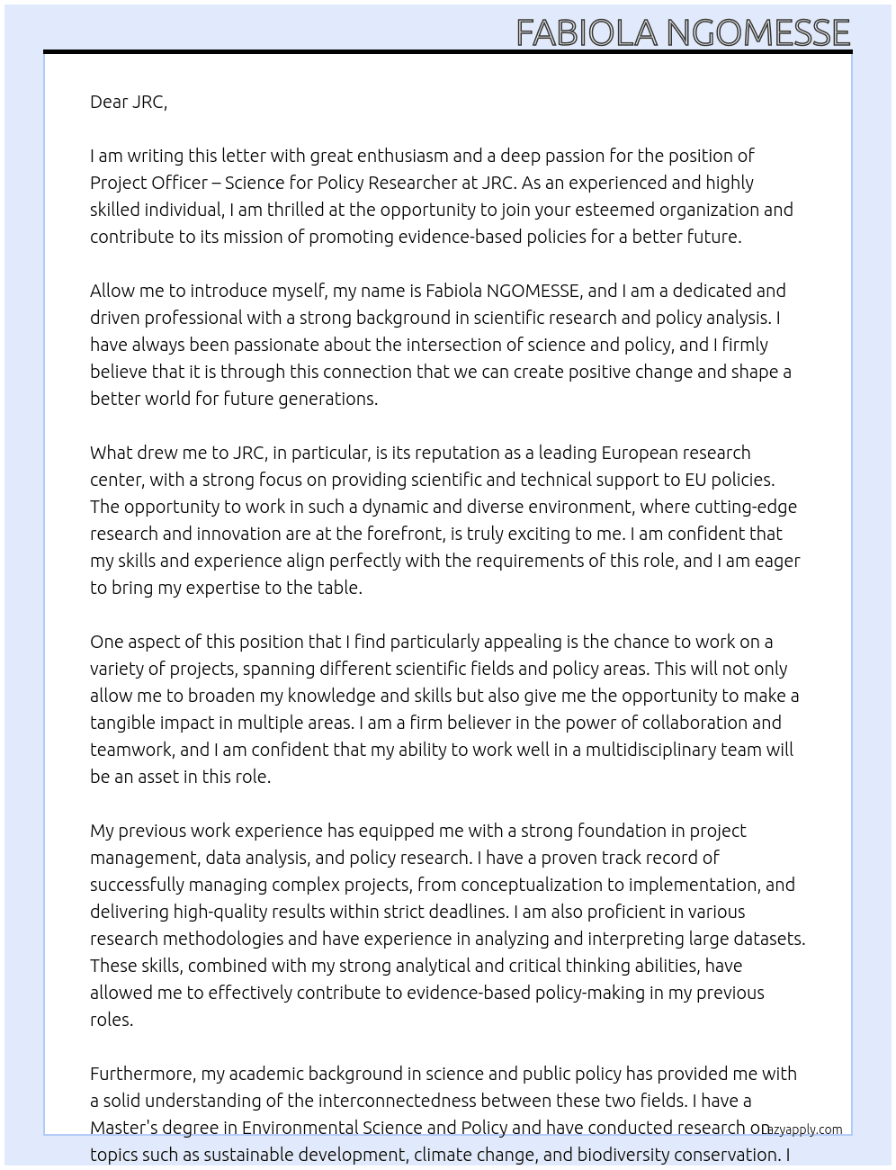 Project Officer – Science for Policy Researcher At JRC Cover Letter