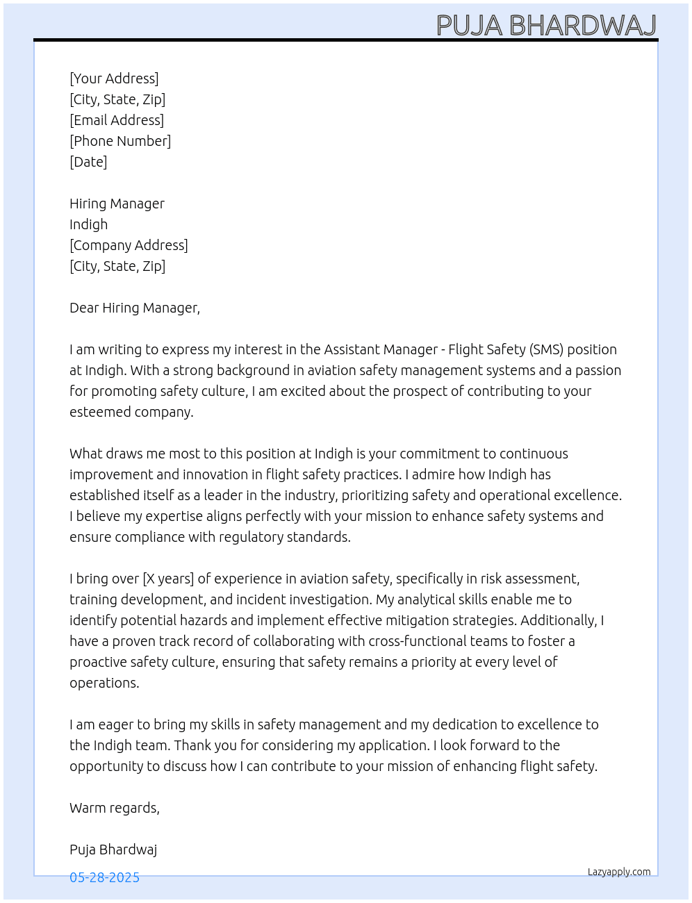 Assistant Manager- Flight Safety (SMS) At Indigh Cover Letter