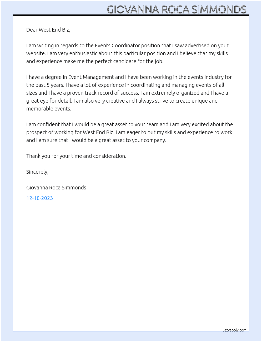 Events Coordinator  At West End Biz Cover Letter