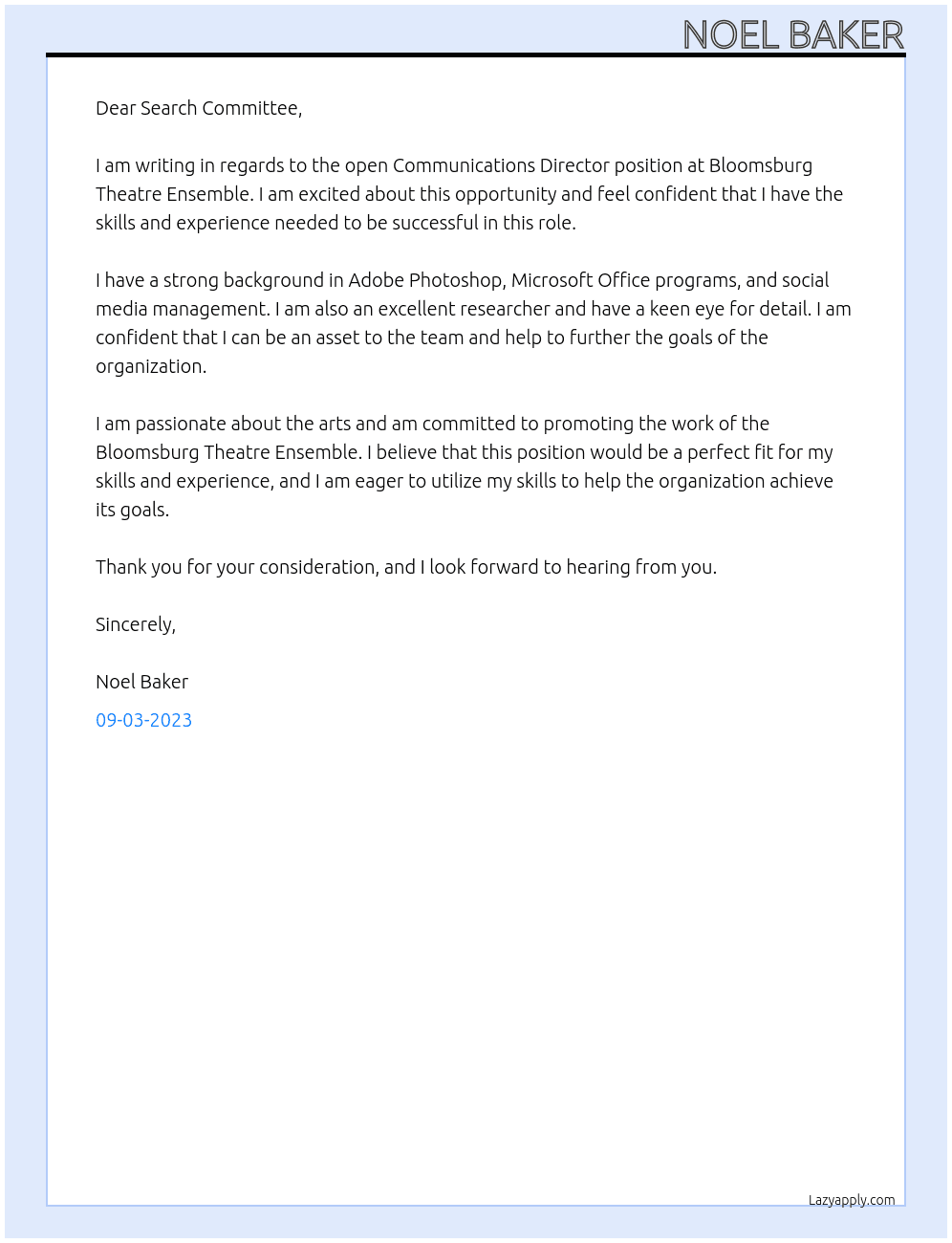 Communications Director At Bloomsburg Theatre Ensemble  Cover Letter