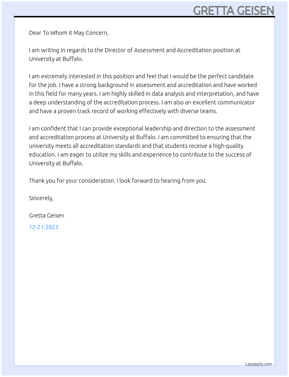 Director of Assessment and Accreditation At University at Buffalo Cover Letter