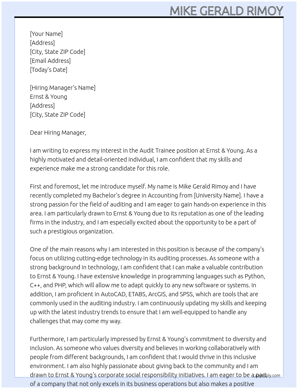 Audit Trainee At Ernst & Young Cover Letter