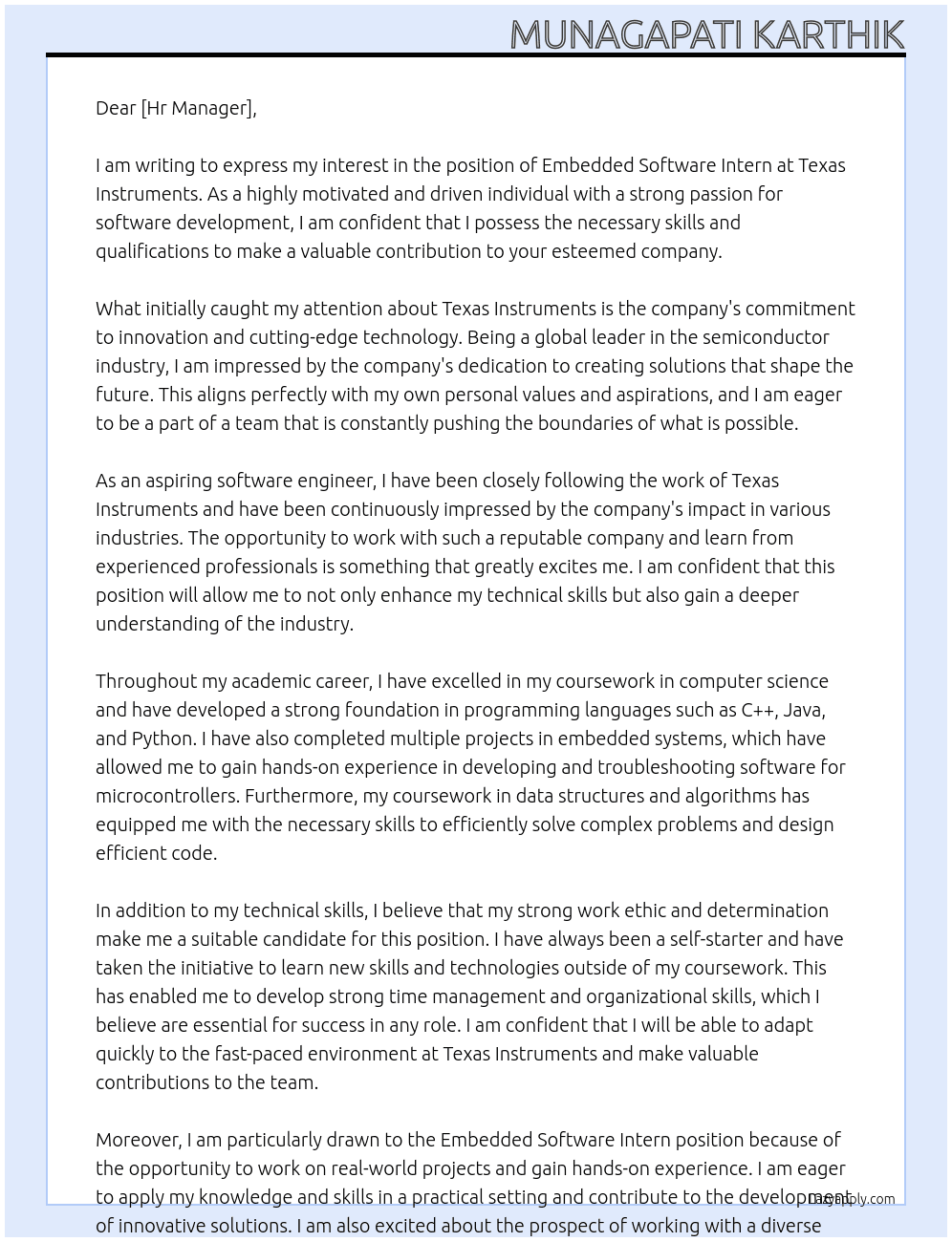 Cover letter for embedded software intern - LazyApply