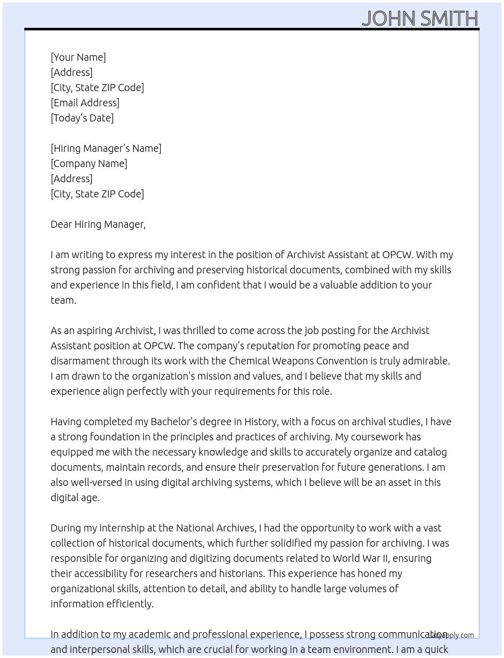 Archivist Assistant At OPCW Cover Letter