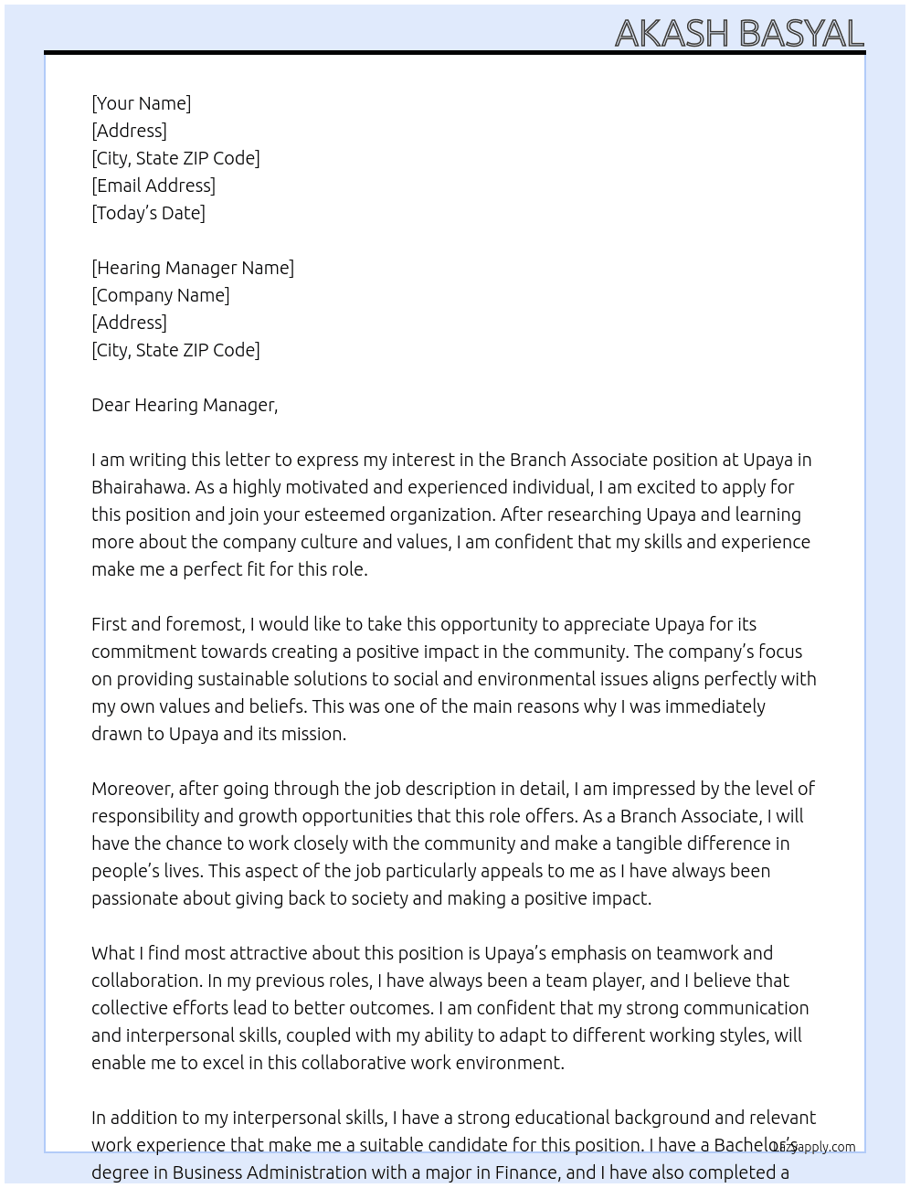 Branch Associate – Bhairahawa At Upaya Cover Letter