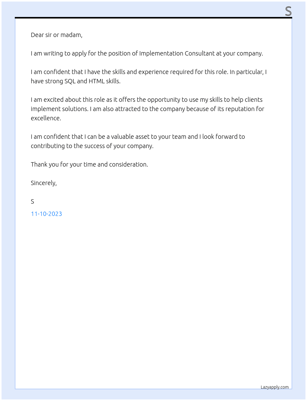 Implementation Consultant At s Cover Letter