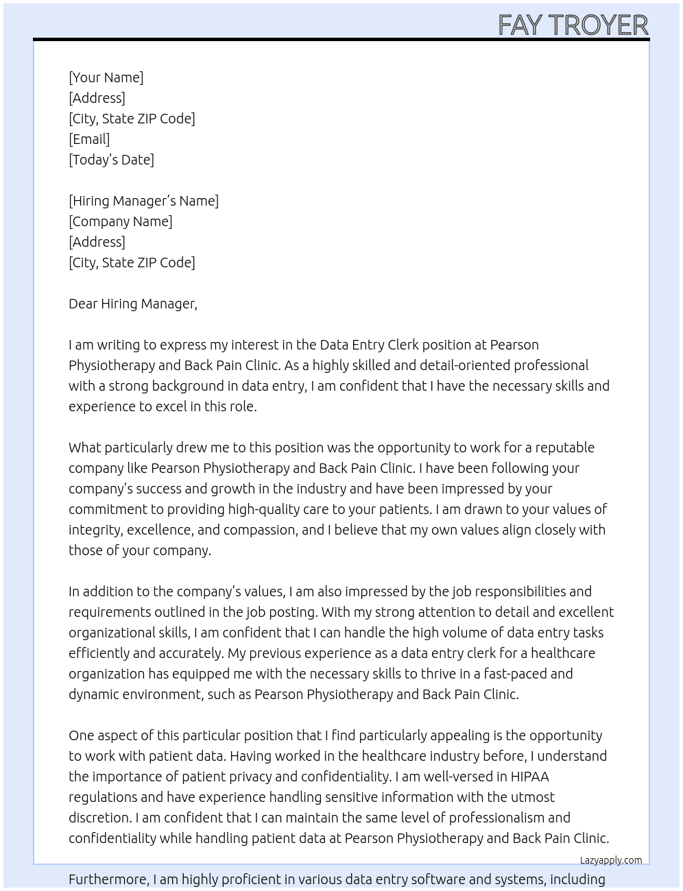 Data entry clerk At Pearson Physiotherapy and Back Pain Clinic Cover Letter