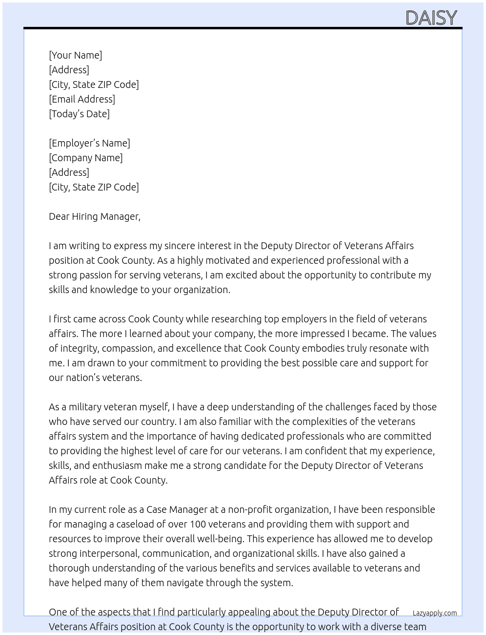Deputy Director of Veterans Affairs At Cook County  Cover Letter