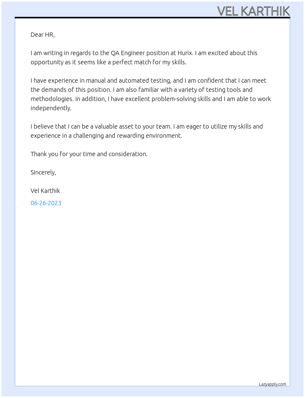 QA Engineer At Hurix Cover Letter