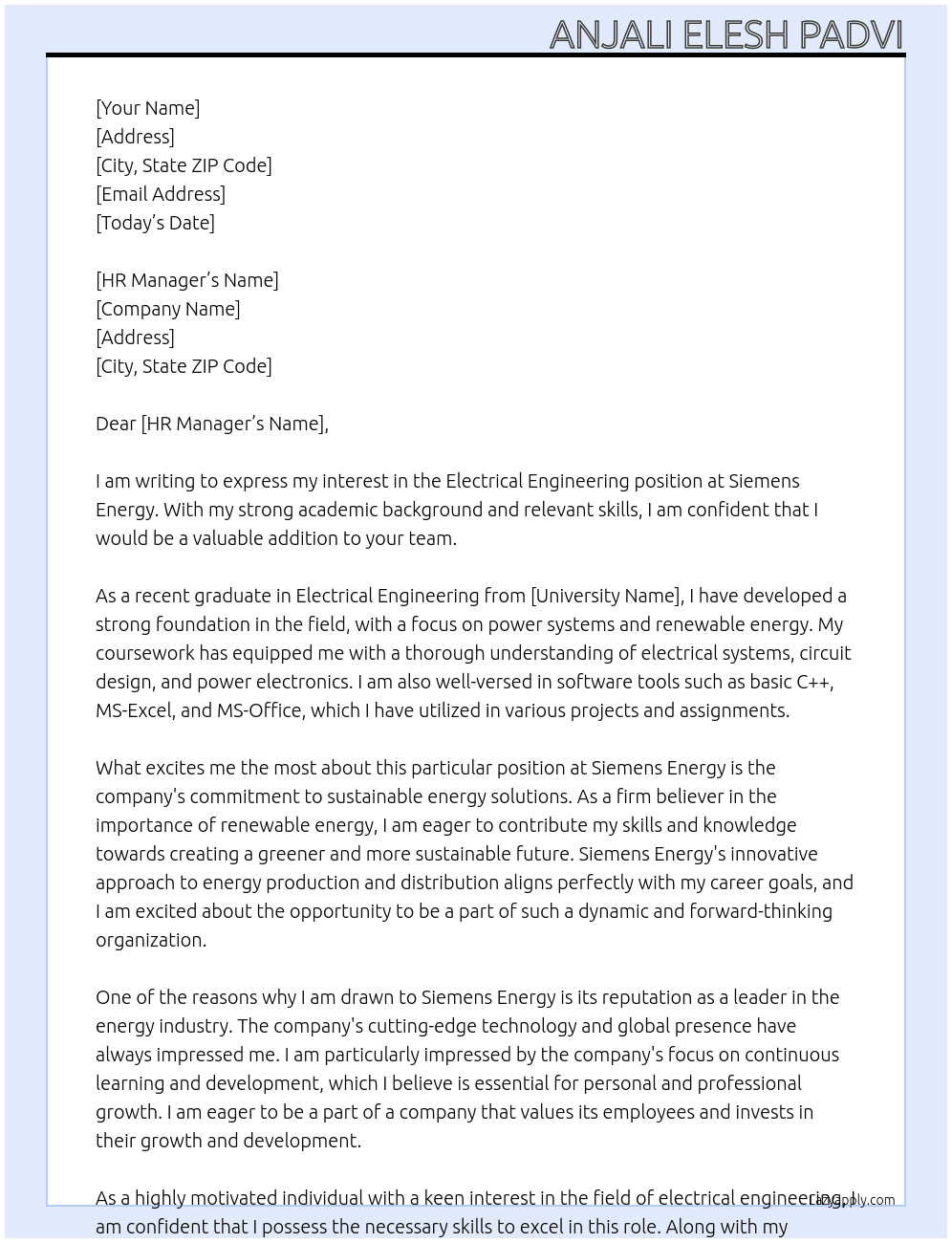 Electrical Engineering  At Siemens energy  Cover Letter