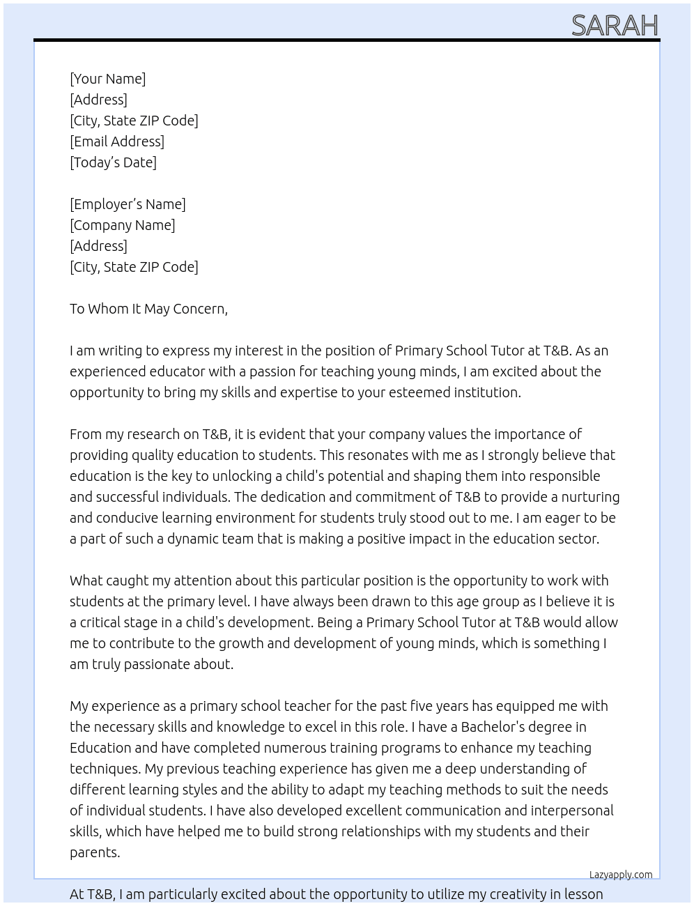 Primary School Tutor At T&B Cover Letter