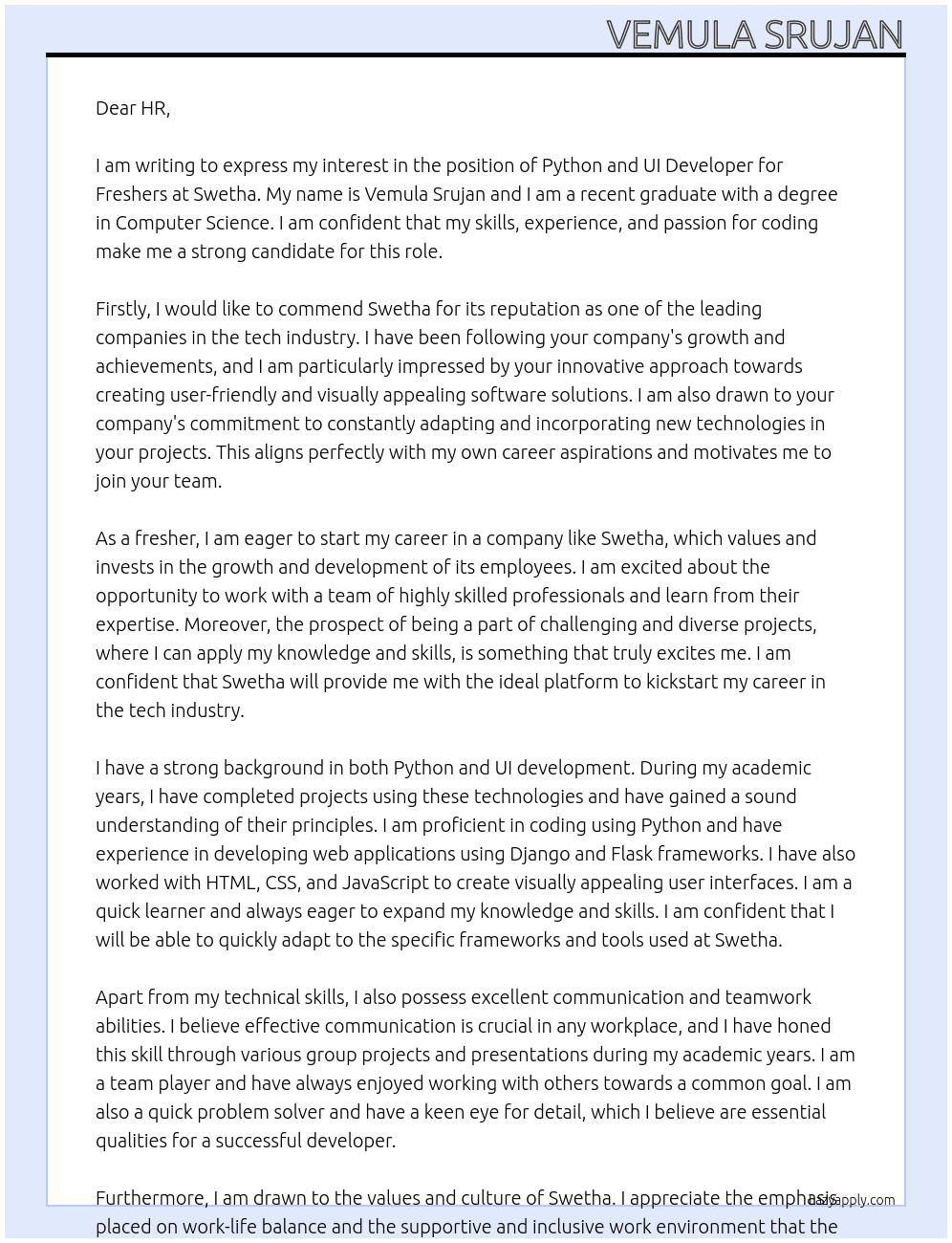 Python, UI Developer for Freshers At Swetha Cover Letter