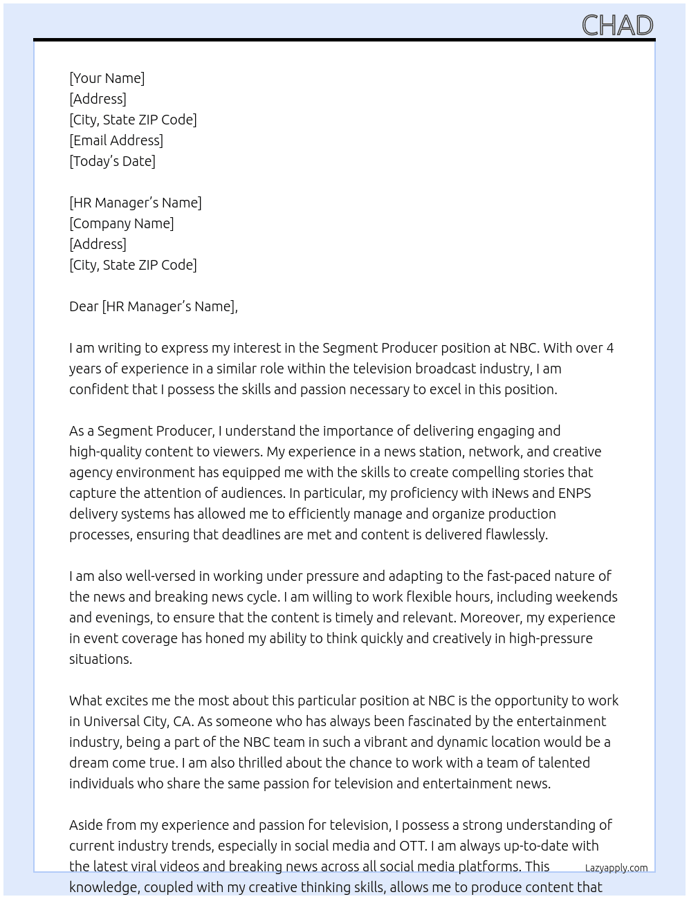 Segment Producer At NBC Cover Letter