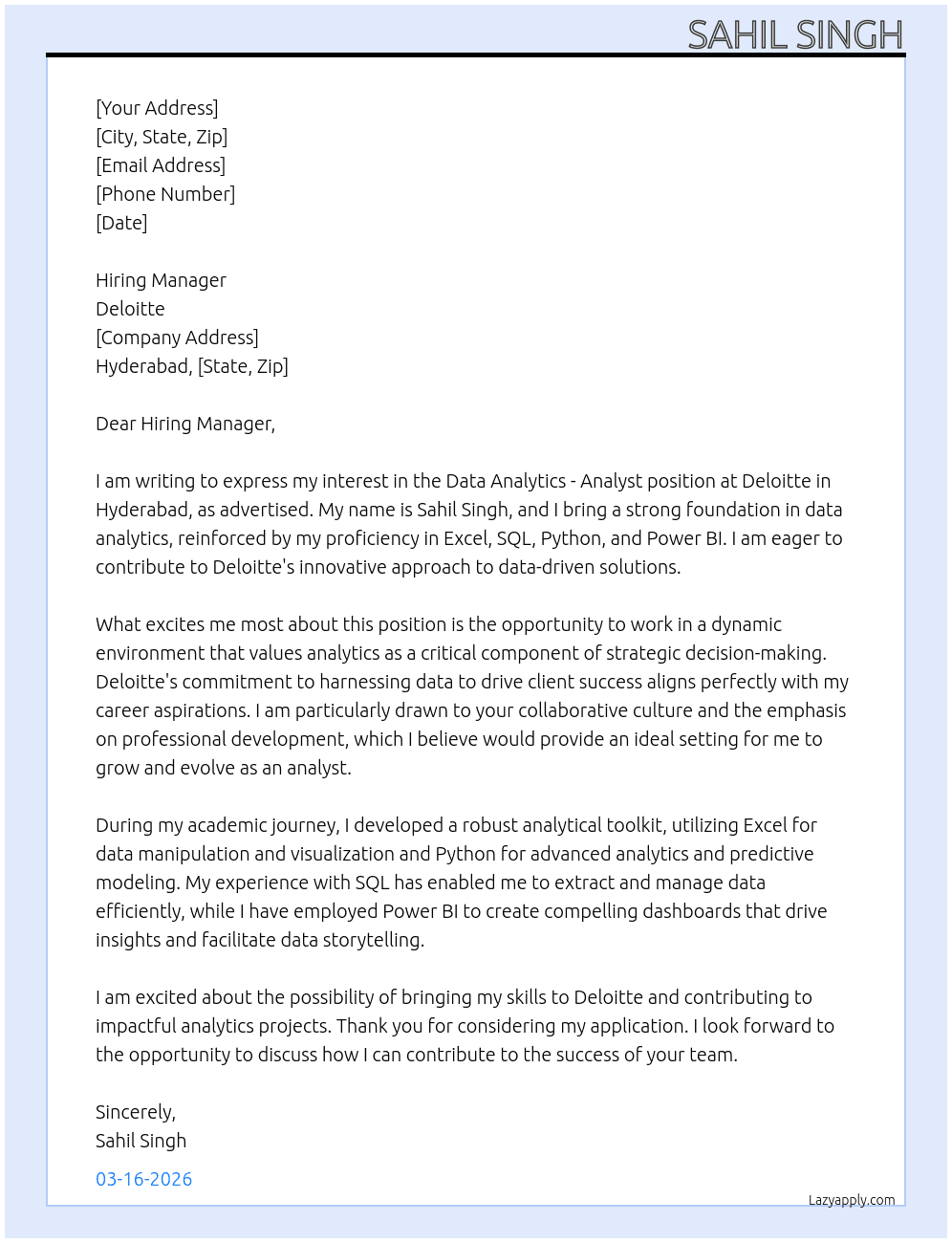 Cover letter for data analytics - analyst - LazyApply