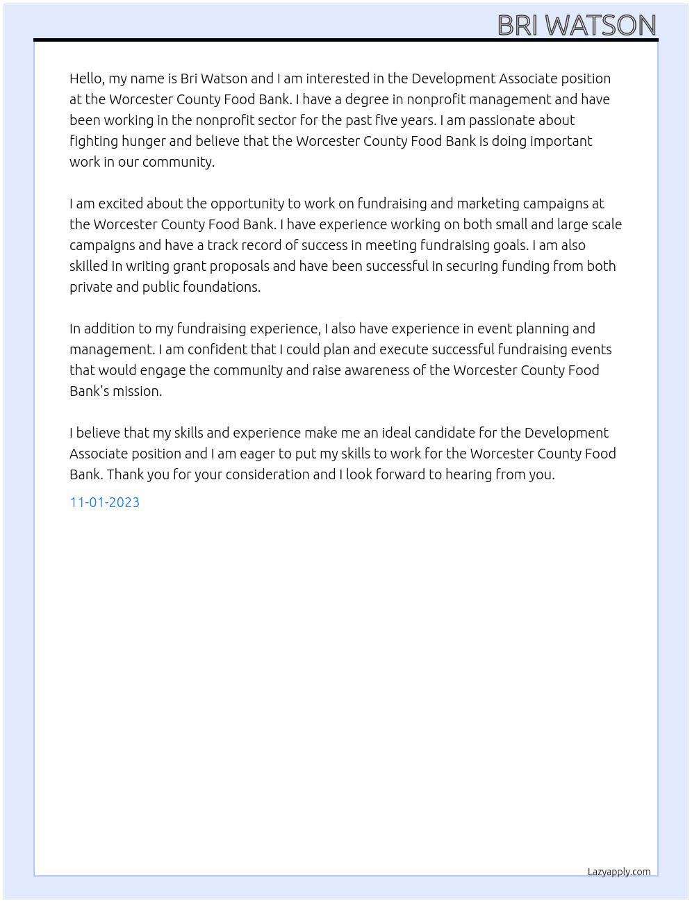 Development Associate At Worcester County Food Bank Cover Letter