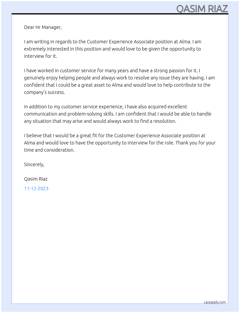 Customer Experience Associate  At Alma Cover Letter