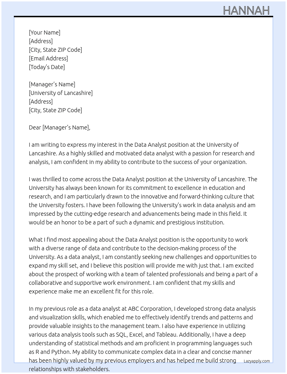 Data Analyst At University of Lancashire Cover Letter