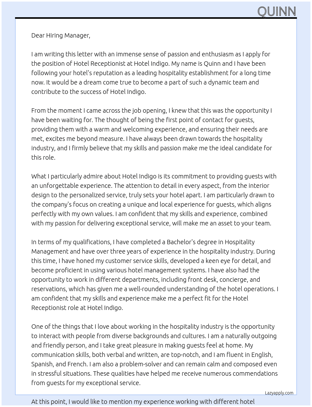 Hotel Receptionist At Hotel Indigo Cover Letter