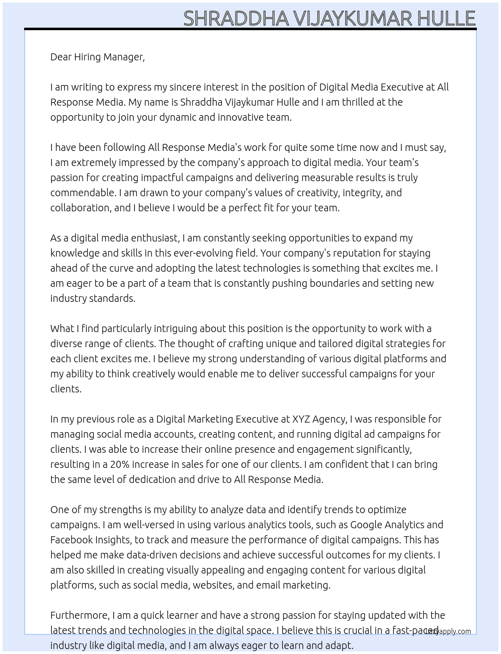 Digital Media Executive At All Response Media  Cover Letter