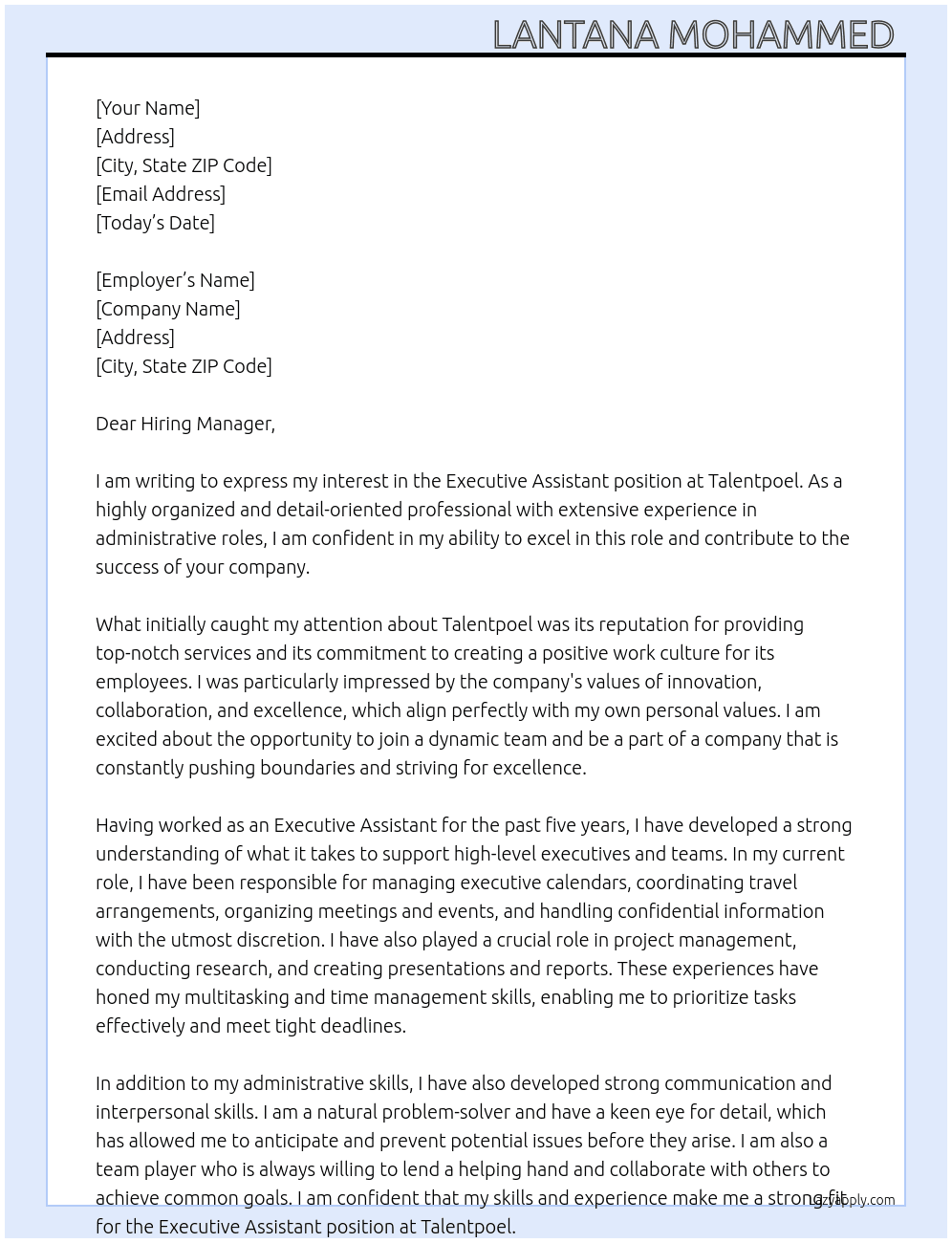 Executive Assistant  At Talentpoel Cover Letter