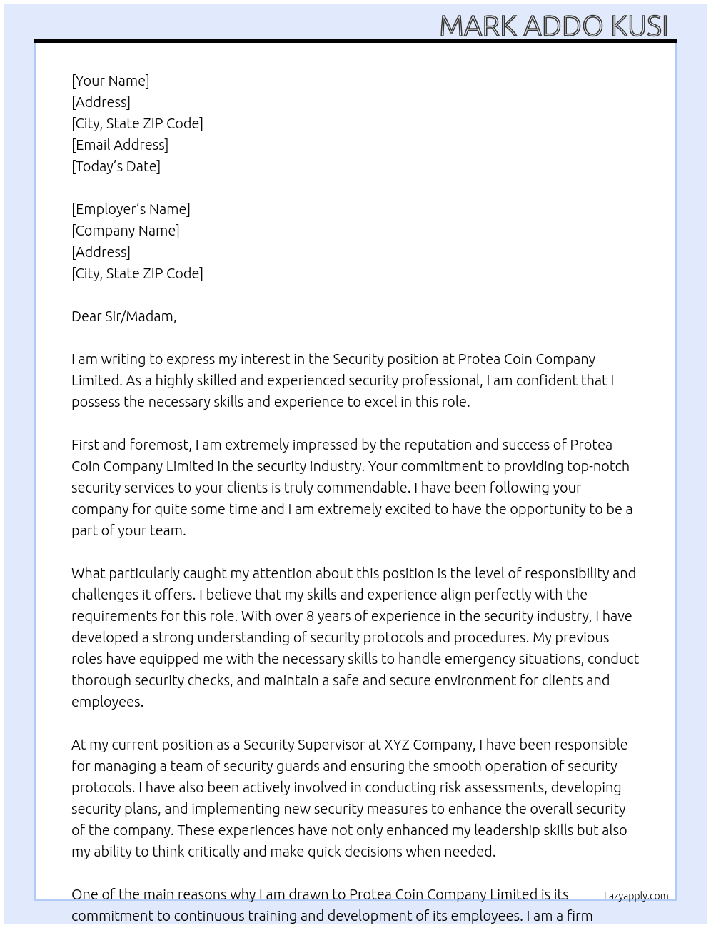Security At Protea Coin Company Limited  Cover Letter