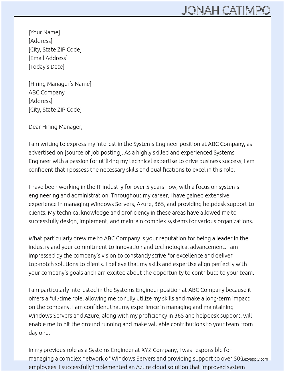 Systems engineer At ABC Cover Letter