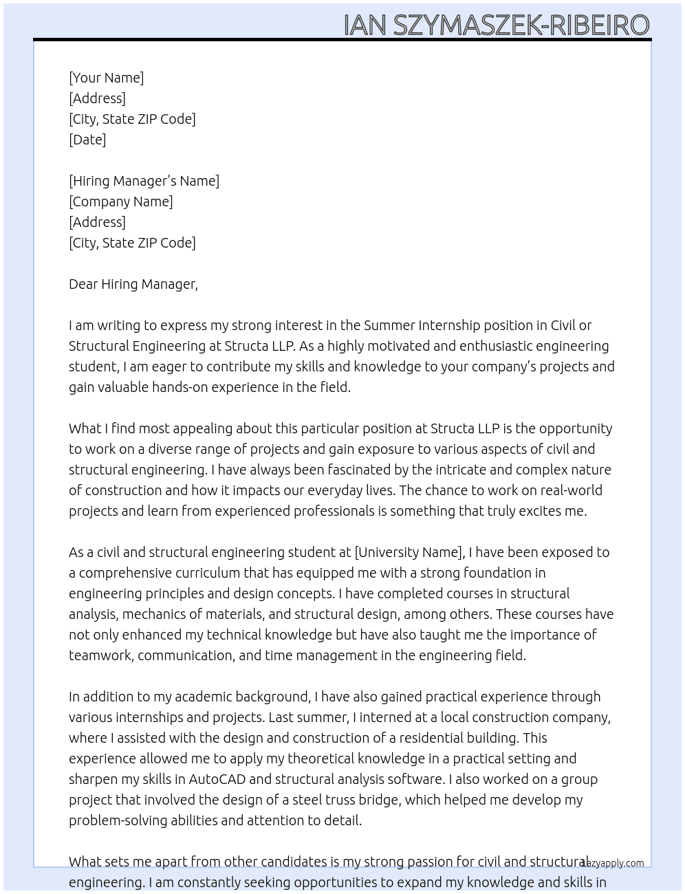 Summer internship - Civil or Structural Engineering At Structa LLP Cover Letter