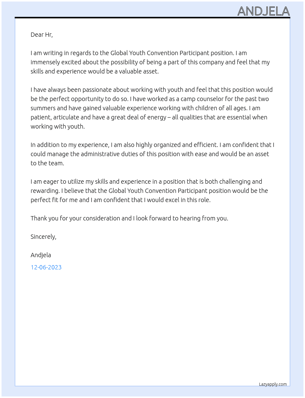 Global Youth Convention Participant At Global Youth Convention Cover Letter