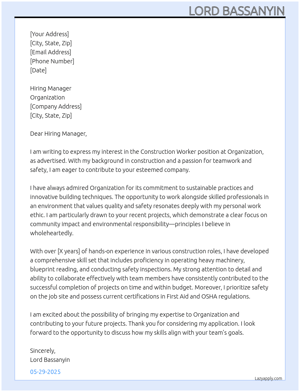 Construction Worker At Organization Cover Letter